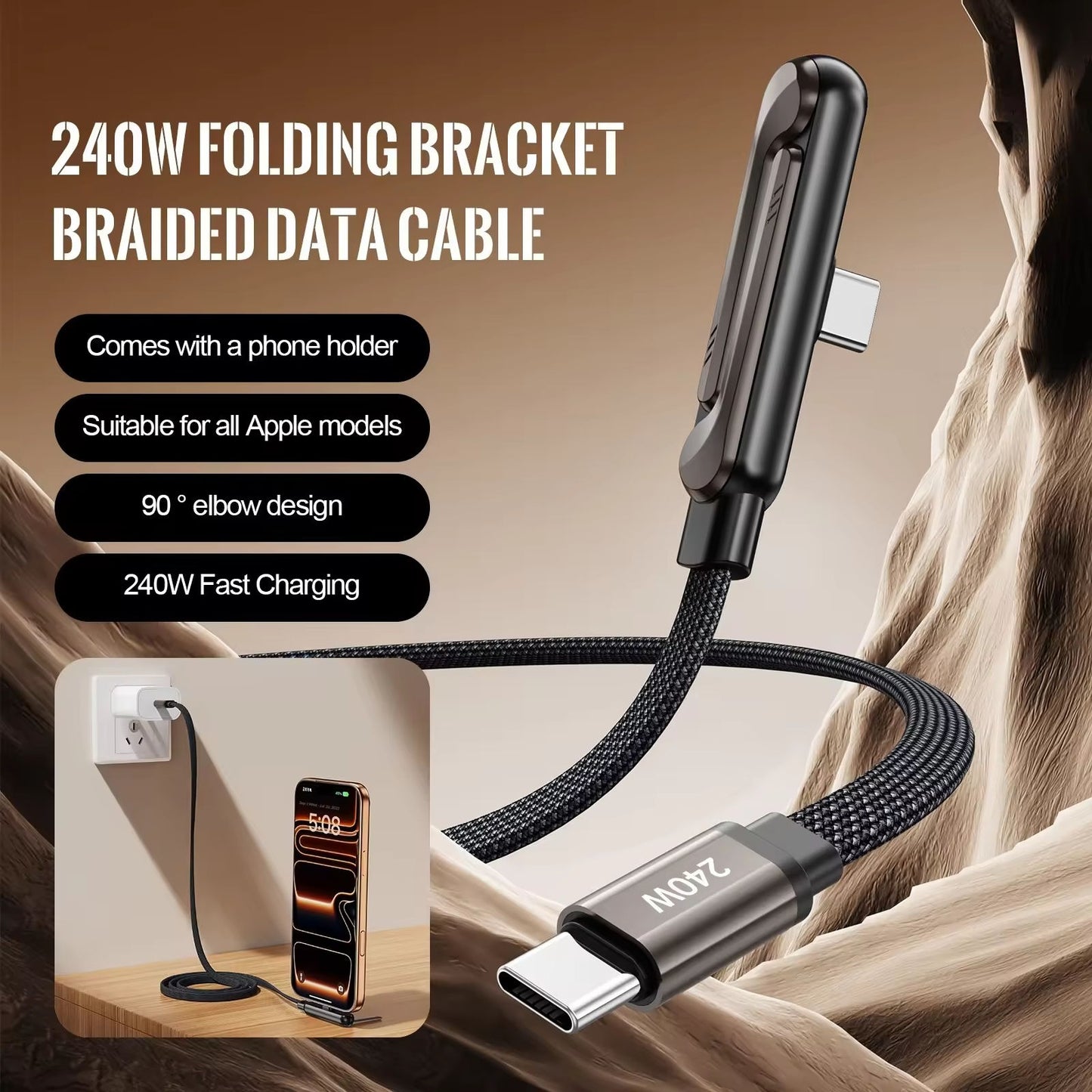 NEW 240W Fast Charging Cable with Phone Stand – Nylon Braided USB-C Type-C Data Cable